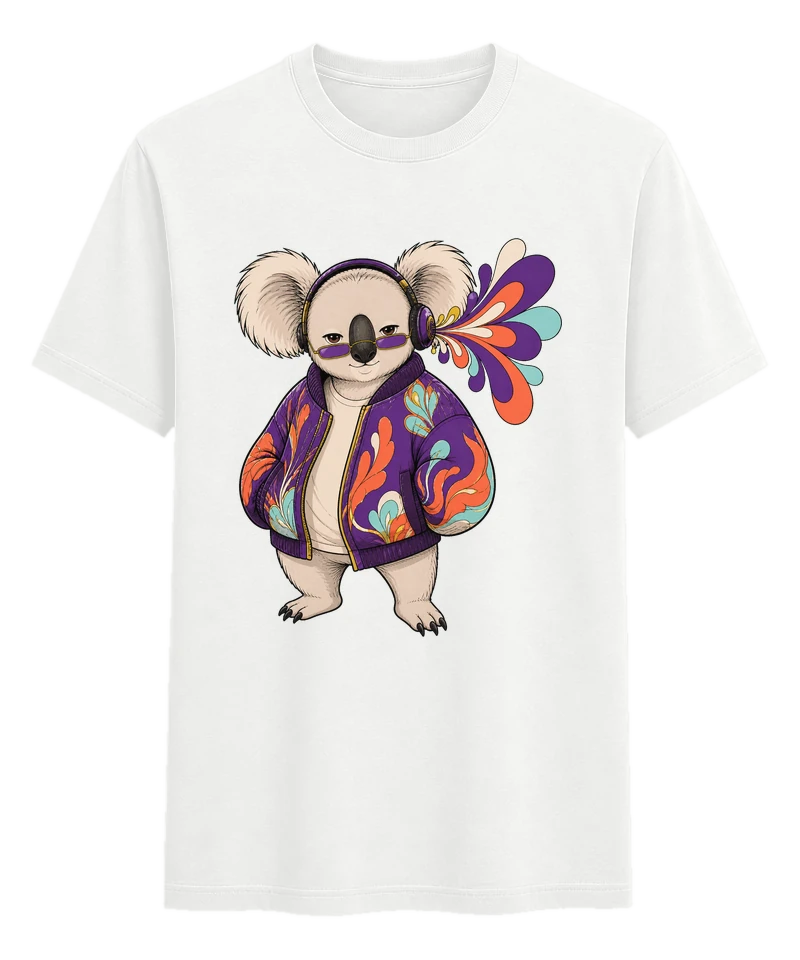 Front of a white T-shirt featuring the colourful Neon Strut Koala in headphones and a patterned purple jacket
