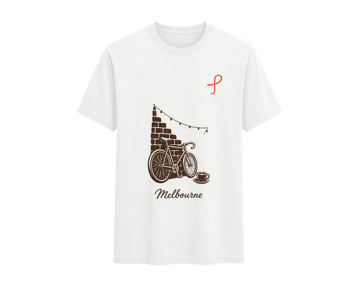 White T-shirt with a Melbourne laneway illustration and the complete orange PlaceMerch P logo on the left chest
