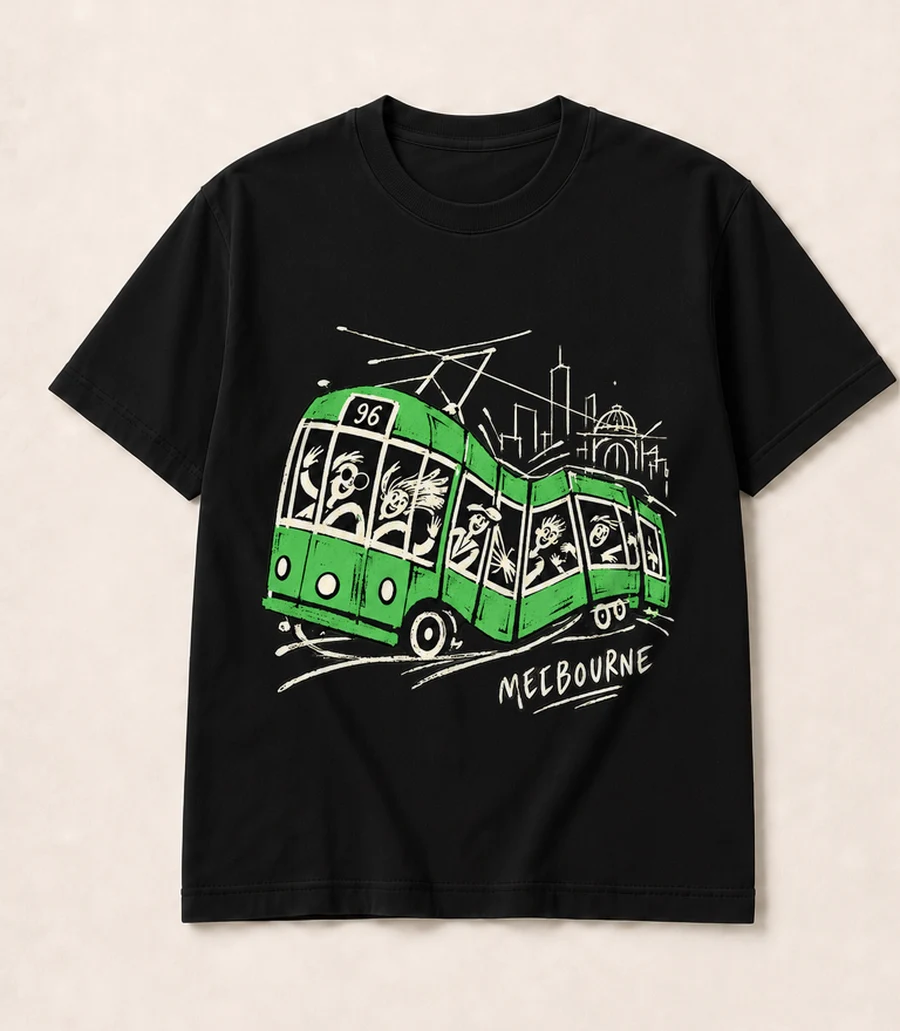 Tram Tangle: a green Melbourne tram with playful passengers on a black T-shirt